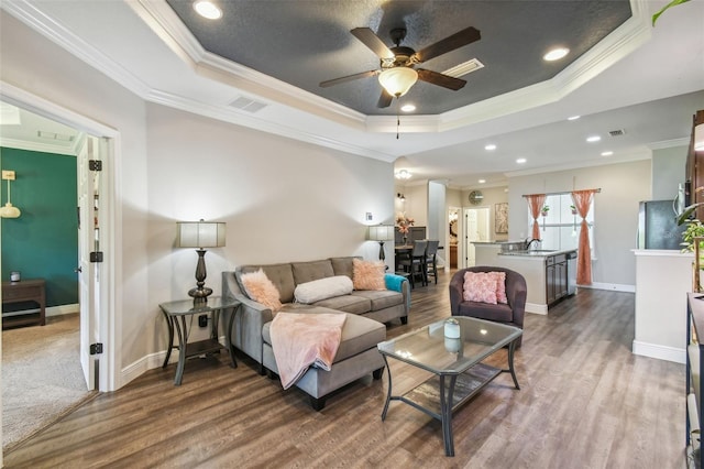 living room with ceiling fan, sink, a tray ceiling, crown molding, and hardwood / wood-style floors