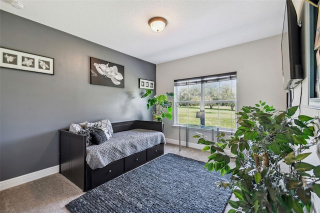 bedroom with a textured ceiling and carpet flooring