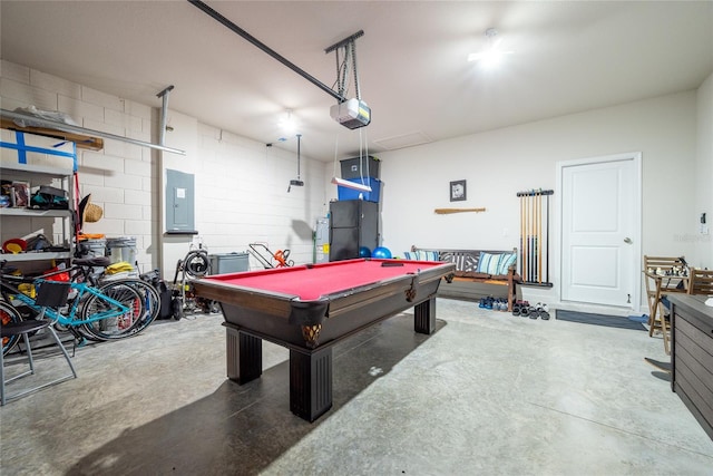 playroom featuring pool table, electric panel, and concrete flooring