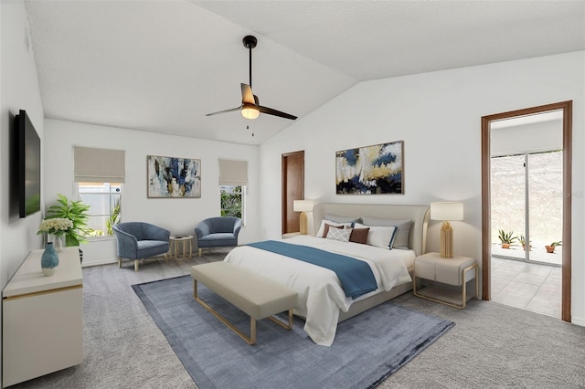 bedroom featuring ceiling fan, light colored carpet, lofted ceiling, and multiple windows