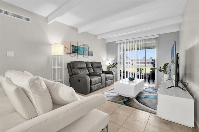 tiled living room with beam ceiling