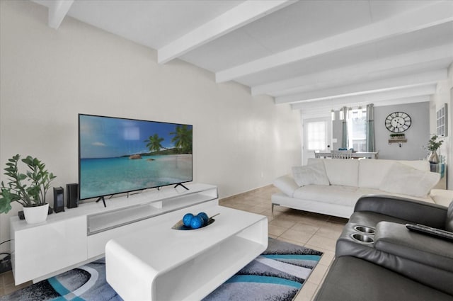 living room with tile patterned flooring and beam ceiling