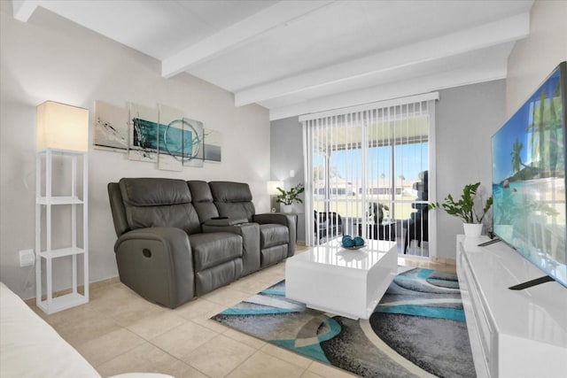 tiled living room featuring beam ceiling