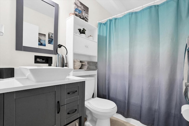 bathroom featuring vanity, toilet, and a shower with shower curtain