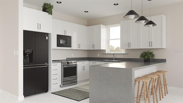 kitchen featuring black appliances, white cabinetry, sink, and pendant lighting