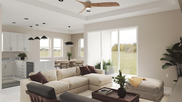 living room featuring ceiling fan