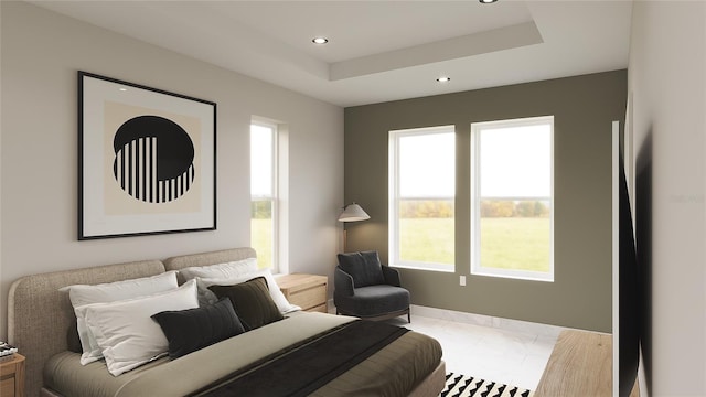 tiled bedroom with a tray ceiling