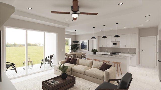 living room with sink and ceiling fan