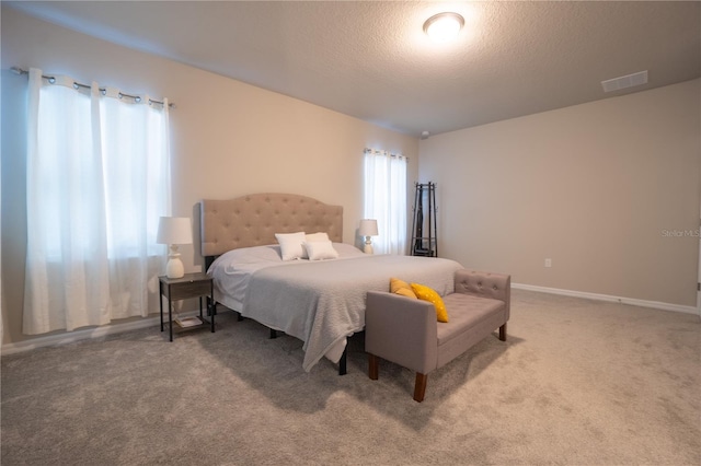 bedroom with carpet and a textured ceiling