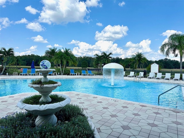 view of pool with a patio area and pool water feature