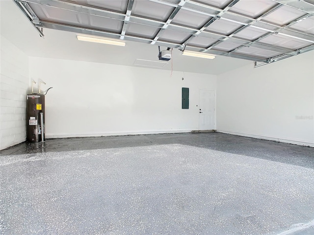 garage featuring electric panel, electric water heater, and a garage door opener