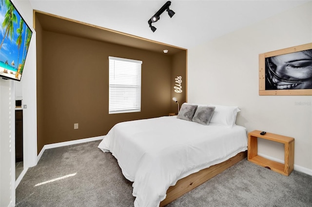 carpeted bedroom with rail lighting