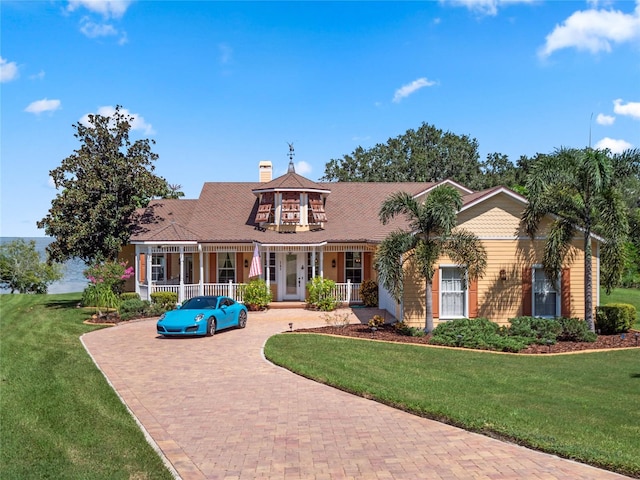 view of front of property featuring covered porch and a front yard