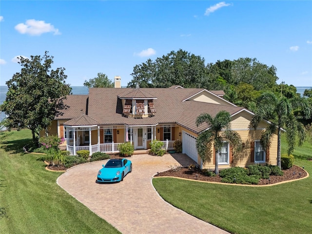 view of front of property featuring decorative driveway, a chimney, a porch, a garage, and a front lawn