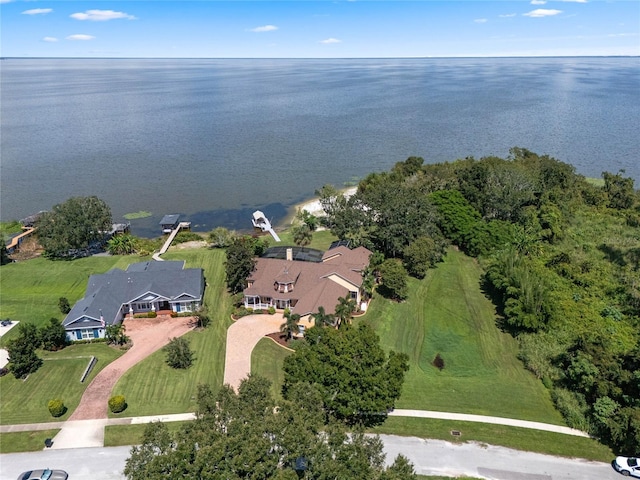 bird's eye view with a water view