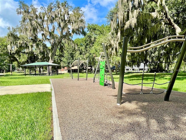 community jungle gym featuring a gazebo and a lawn