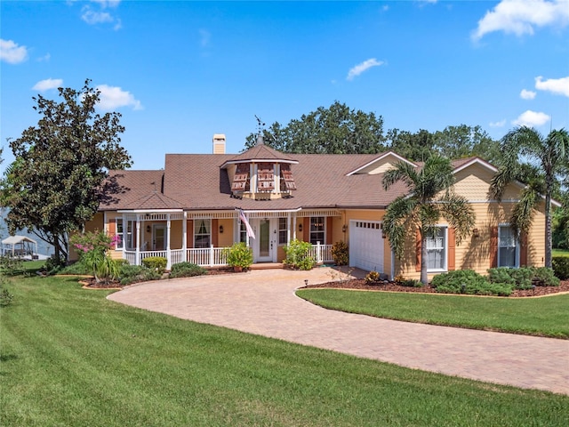 view of front of house with a balcony, a garage, covered porch, decorative driveway, and a front lawn