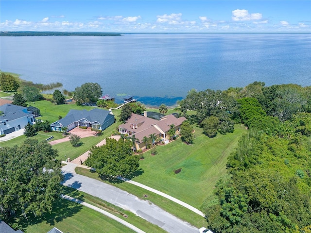 drone / aerial view featuring a water view