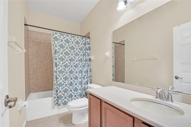 full bath with tile patterned flooring, vanity, toilet, and shower / bathtub combination with curtain
