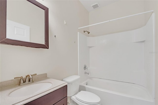 full bath with visible vents,  shower combination, toilet, and vanity