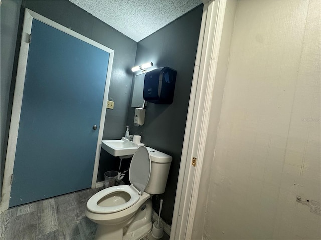 bathroom with a textured ceiling, sink, hardwood / wood-style floors, and toilet