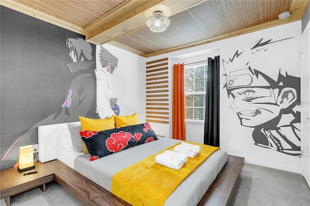 bedroom featuring carpet floors, crown molding, and wooden ceiling