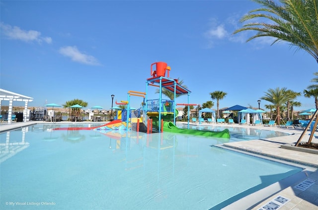 view of pool featuring a water slide