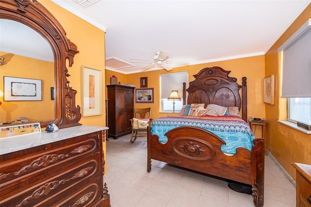 bedroom with ceiling fan, light tile patterned flooring, and crown molding