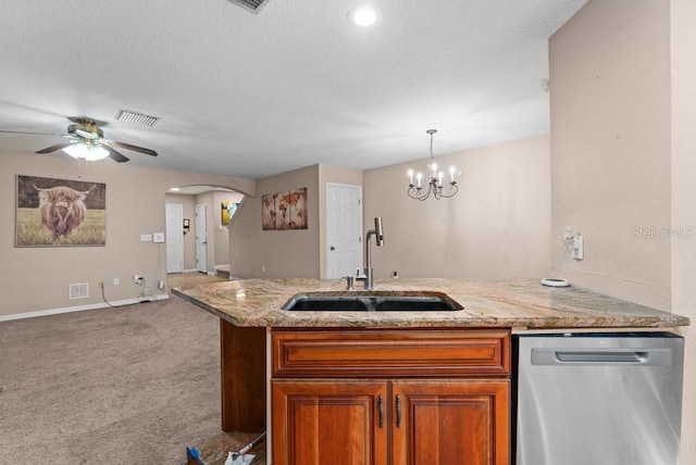 kitchen featuring dishwasher, carpet flooring, sink, ceiling fan with notable chandelier, and light stone countertops