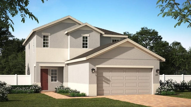 front facade featuring a garage and a front lawn