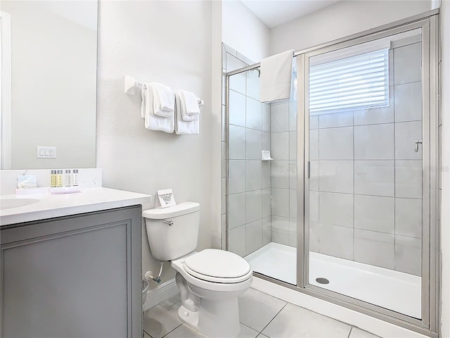 bathroom with walk in shower, vanity, toilet, and tile patterned floors