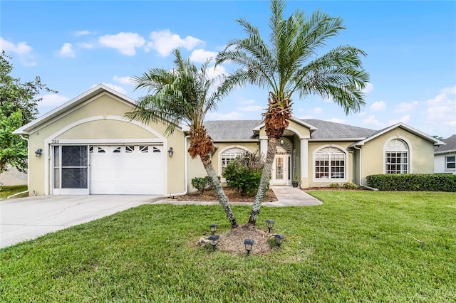 ranch-style house featuring a garage and a front lawn