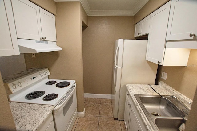 kitchen featuring white cabinets, crown molding, sink, and white appliances