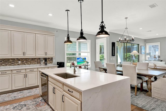 kitchen with an island with sink, plenty of natural light, sink, and tasteful backsplash