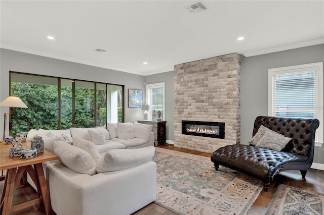 living room with a stone fireplace, ornamental molding, hardwood / wood-style floors, and a wealth of natural light