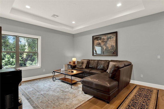 living room featuring wood-type flooring and a raised ceiling