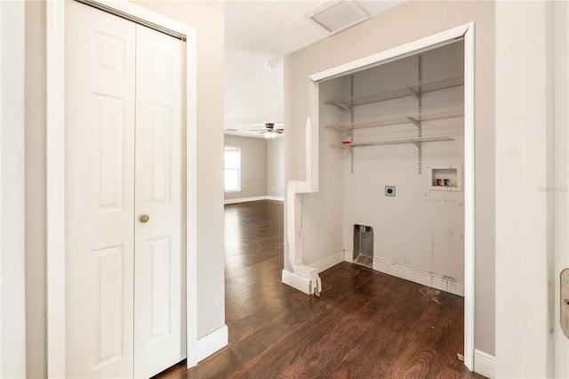 clothes washing area with hookup for a washing machine, ceiling fan, dark hardwood / wood-style flooring, and hookup for an electric dryer