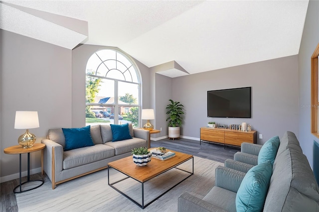 living room with lofted ceiling and hardwood / wood-style flooring