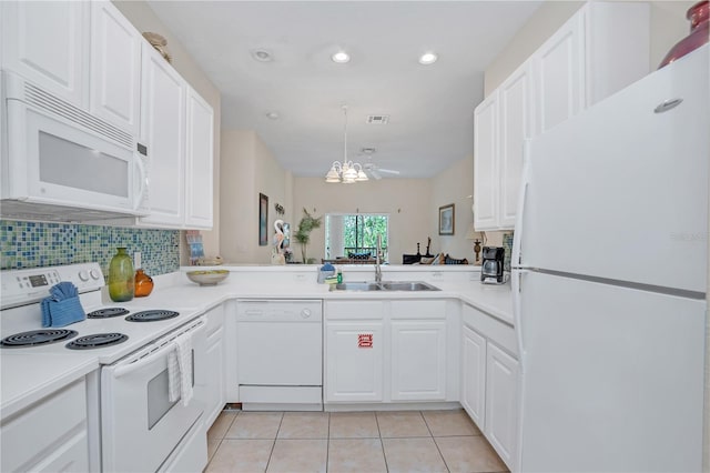 kitchen featuring white appliances, white cabinetry, sink, and kitchen peninsula