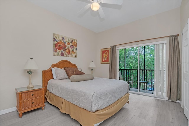 bedroom featuring light hardwood / wood-style flooring, ceiling fan, and access to exterior