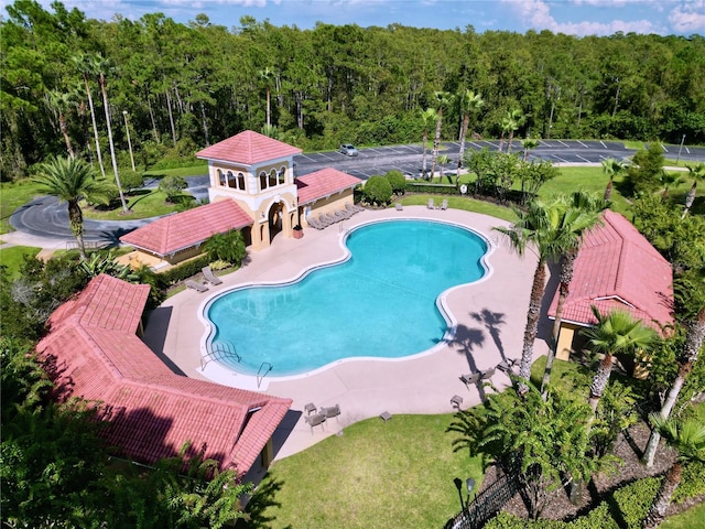 view of swimming pool with a lawn and a patio area