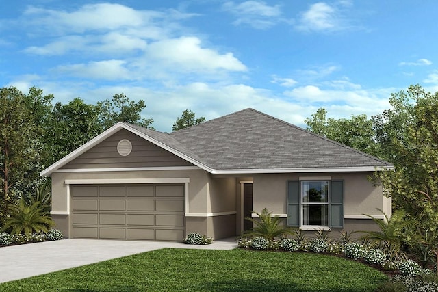 ranch-style house featuring a garage and a front yard