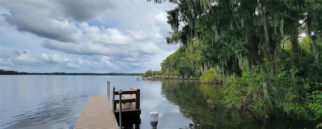 view of dock with a water view