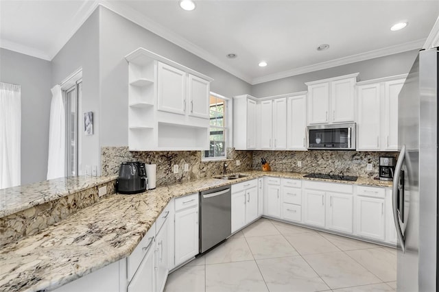 kitchen featuring tasteful backsplash, stainless steel appliances, light stone countertops, ornamental molding, and white cabinets