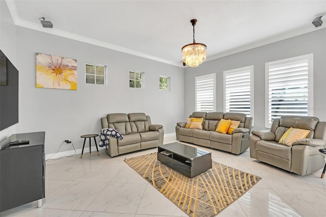 living room featuring an inviting chandelier and crown molding