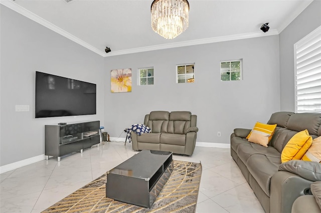 living room with crown molding and a chandelier