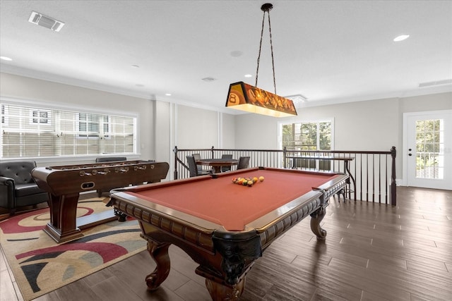 playroom featuring dark wood-type flooring, billiards, and crown molding