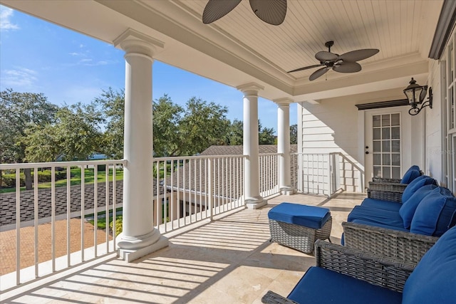 view of patio featuring an outdoor hangout area and ceiling fan