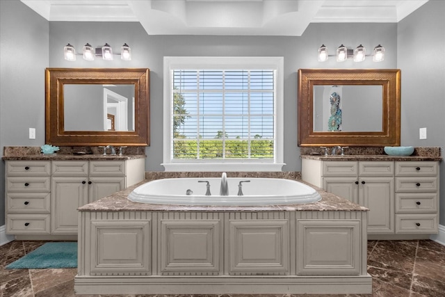 bathroom with a bath, crown molding, and vanity