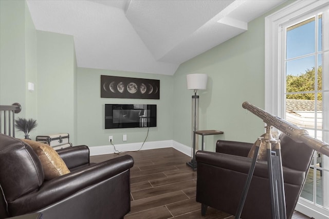 living room featuring a textured ceiling, a healthy amount of sunlight, lofted ceiling, and dark hardwood / wood-style floors